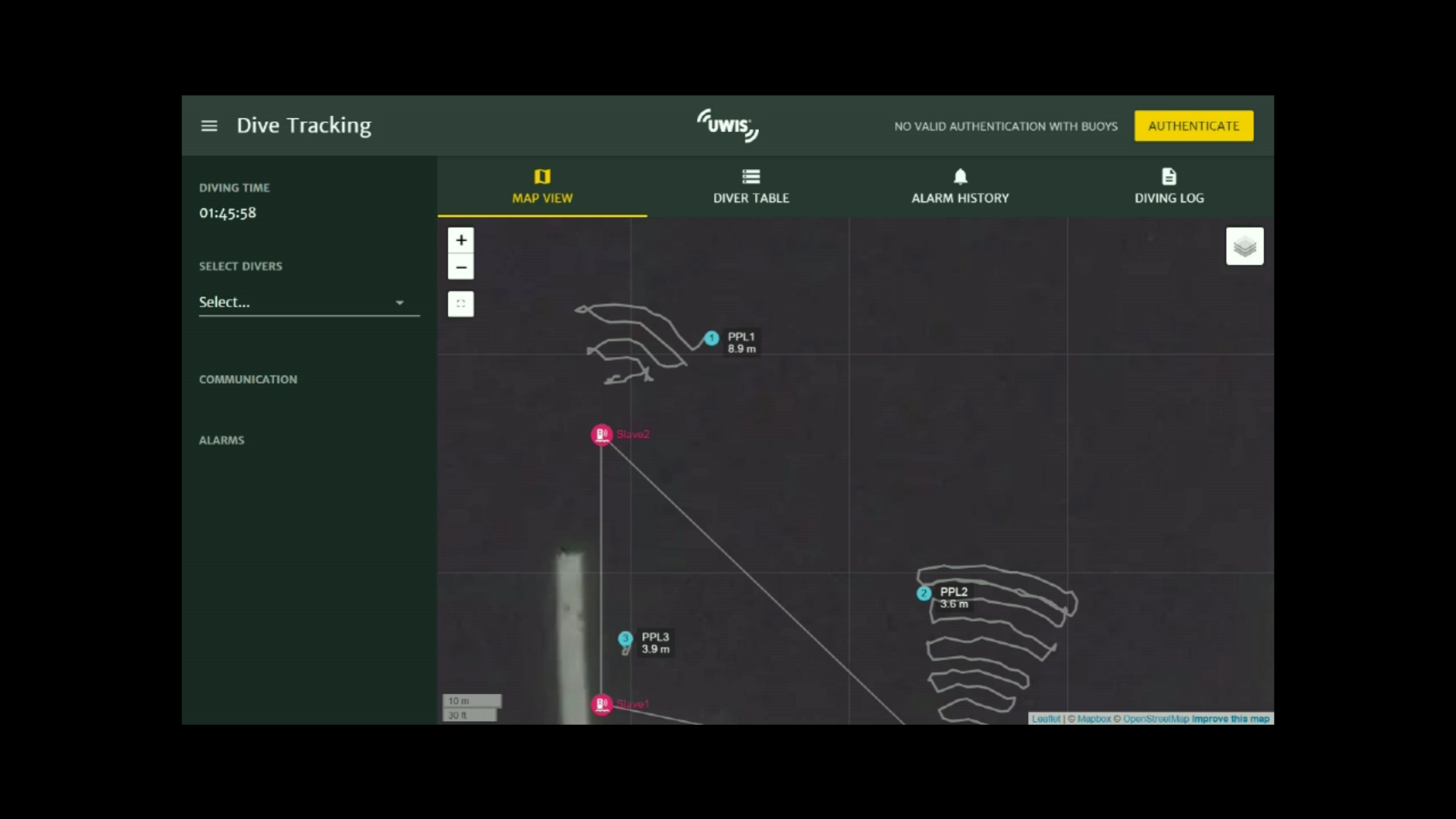 UWIS Tracker showing search routes and diver positions