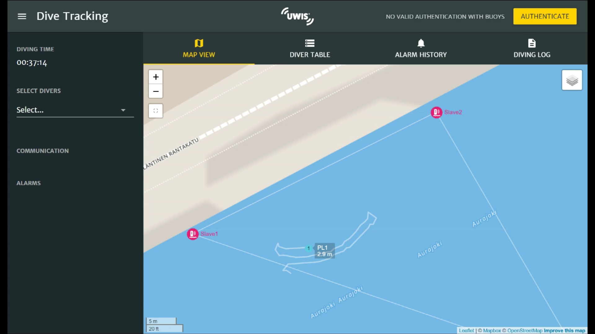 UWIS Tracker screenshot from the Aura River exercise