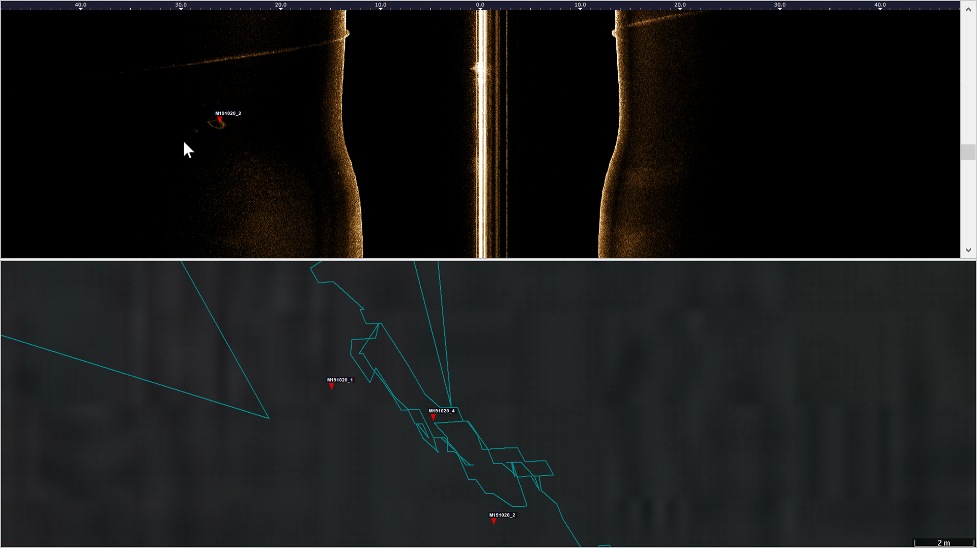 Recorded ROV track overlaid on sonar imagery
