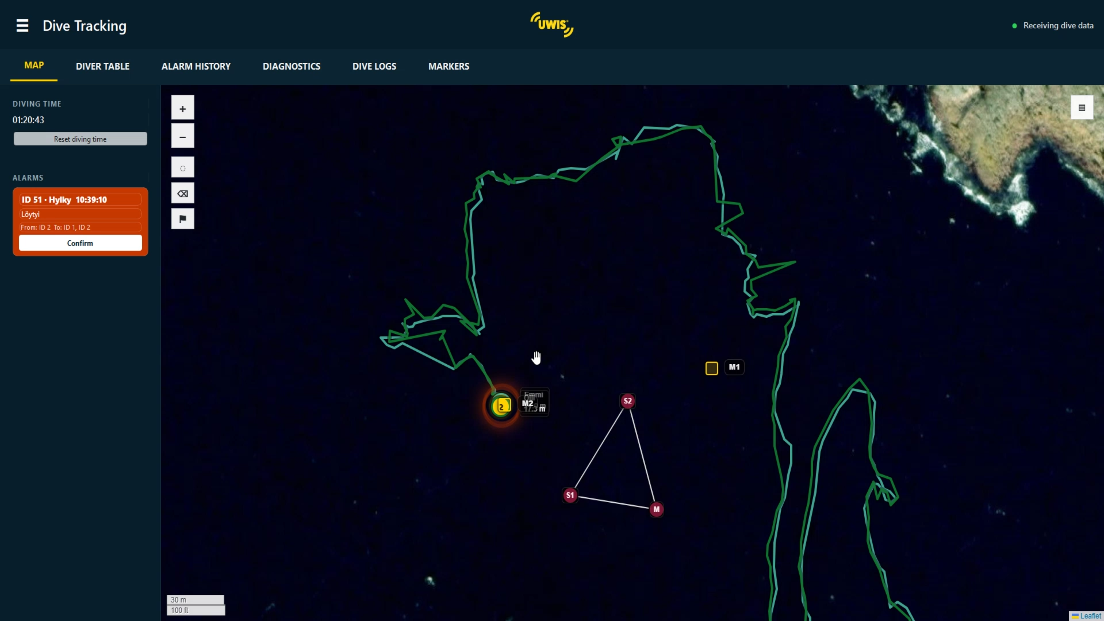 UWIS Tracker map displaying dive routes and position markers