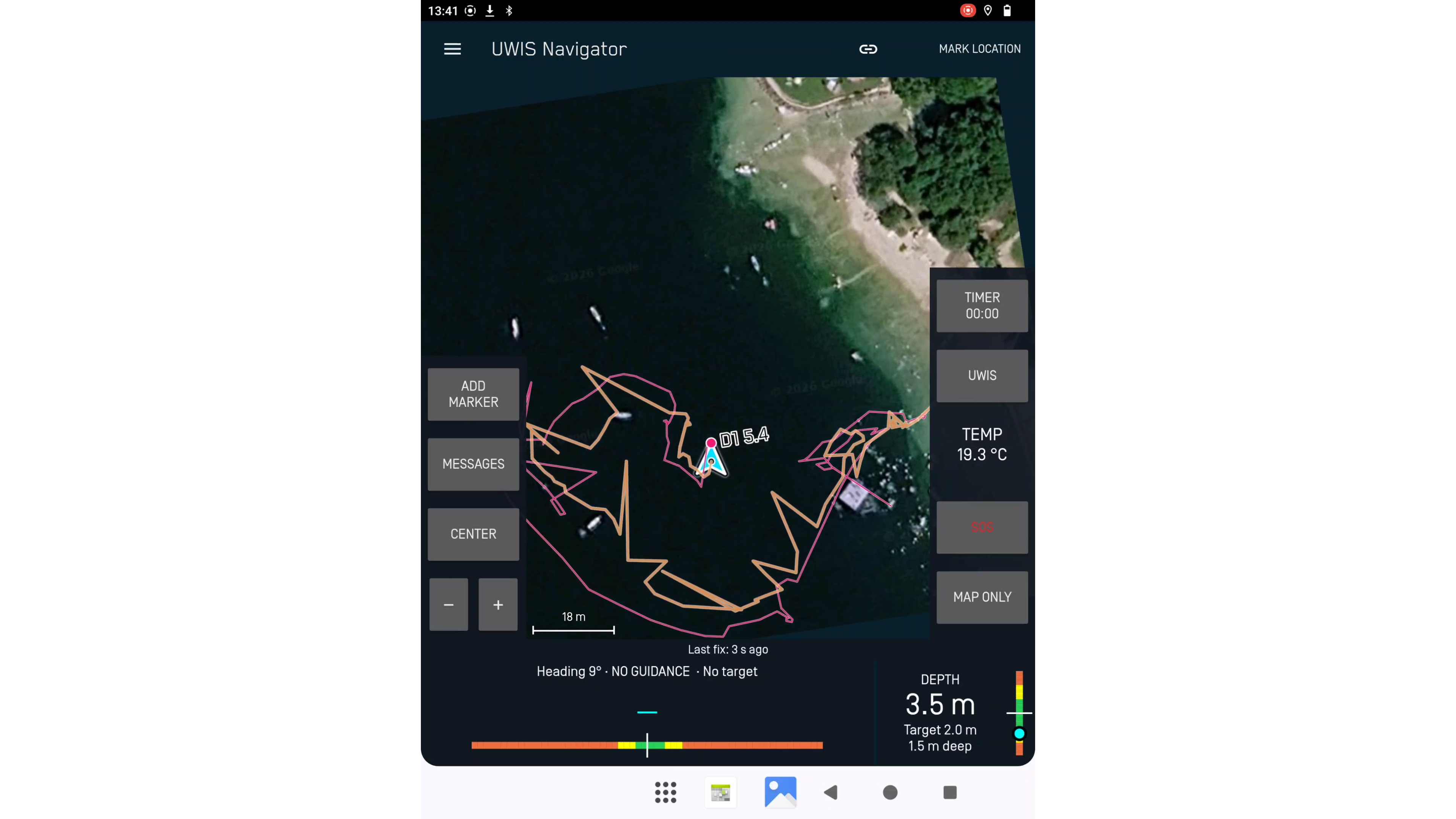 UWIS Navigator näyttää sukeltajien sijainnit, reitit ja navigointipainikkeet