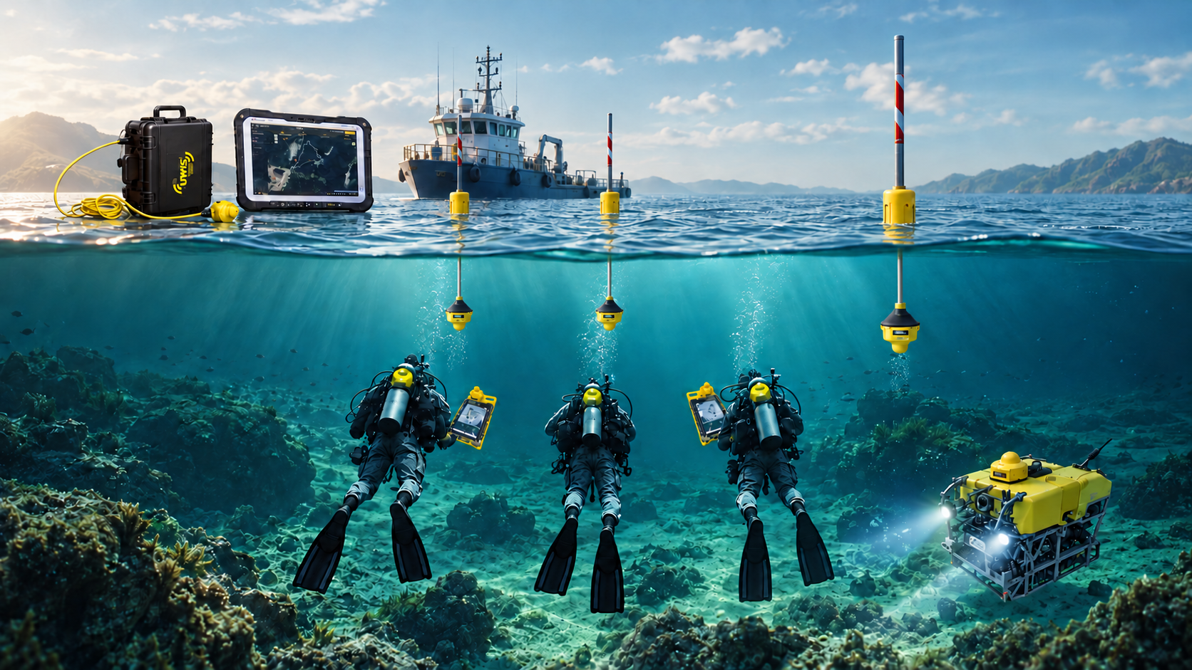 Concept illustration of three UWIS buoys with diver units, underwater tablets and an ROV